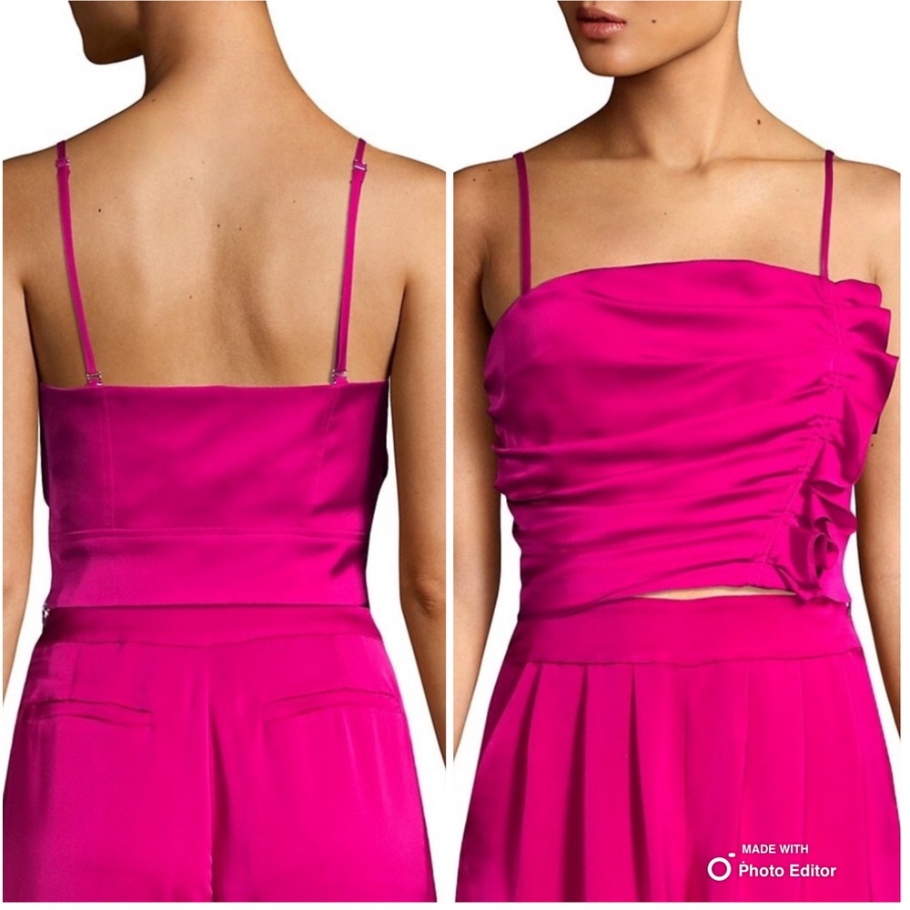 Ramy Brook Estelle Ruched Satin Crop Top W/Side Ruffle Spaghetti Straps Size 6